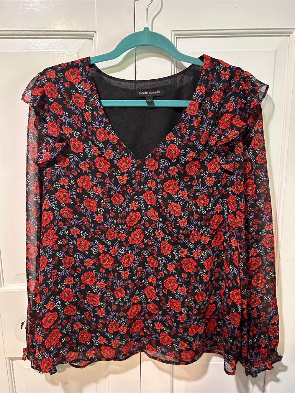 Banana Republic Black Sheer V-Neck Blouse with Red Floral Print - Picture 1 of 2
